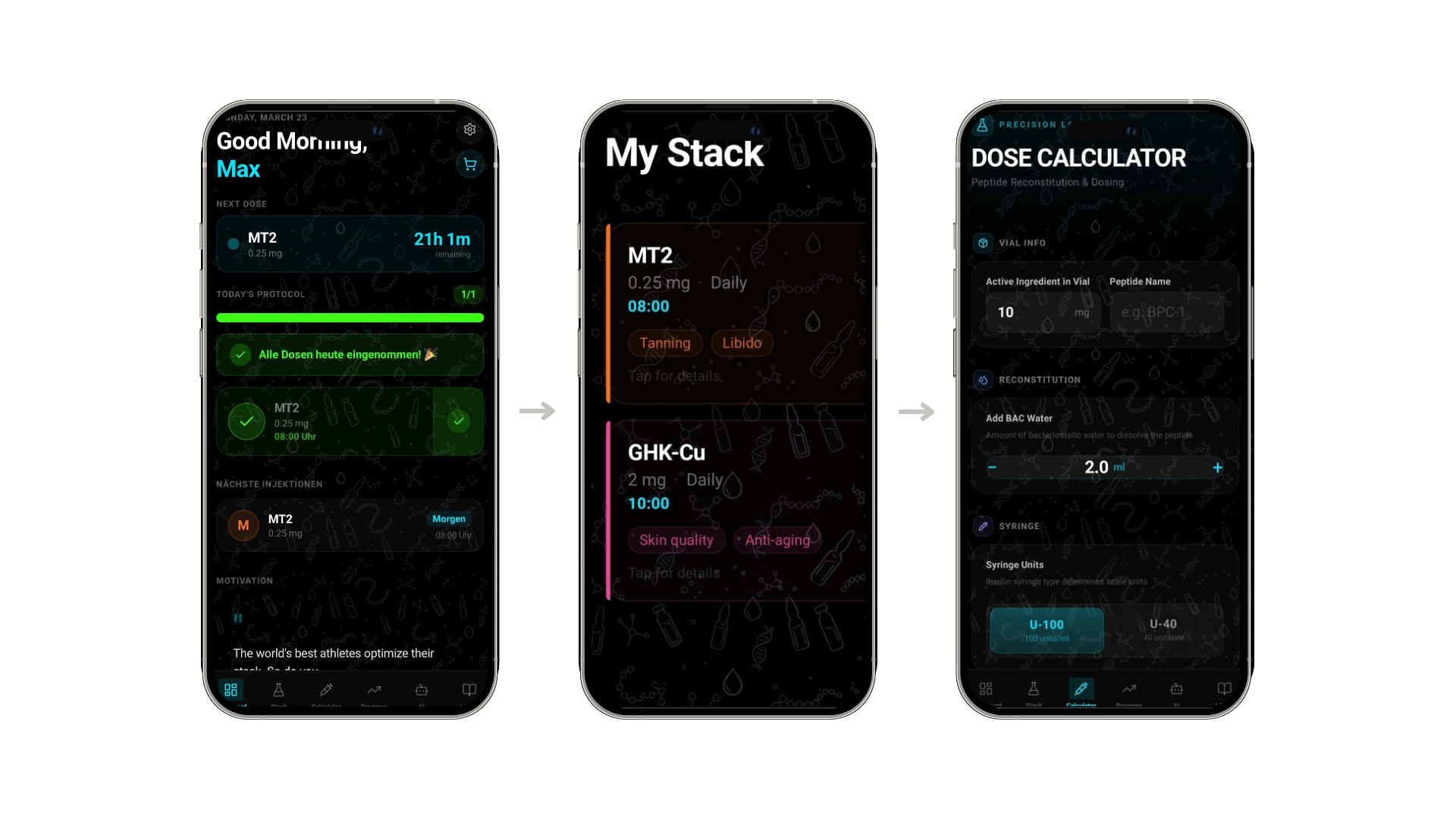 Peptidex app screens: Dashboard, My Stack, and Dose Calculator